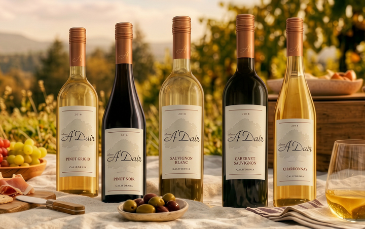 A&rsquo;Dair wine bottles arranged with glasses on a picnic setting