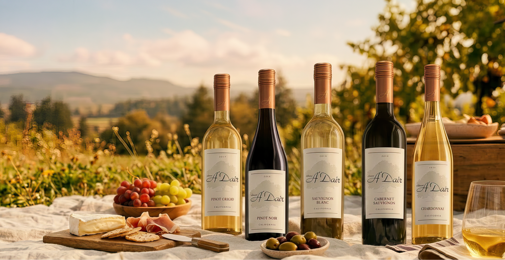 A'Dair wine bottles arranged with glasses